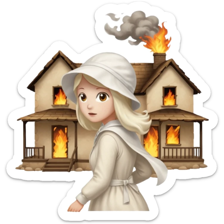 handmaids tale style woman burning house down walking away from house. shes wearing the nun hands maid tale hat cant see her face sticker