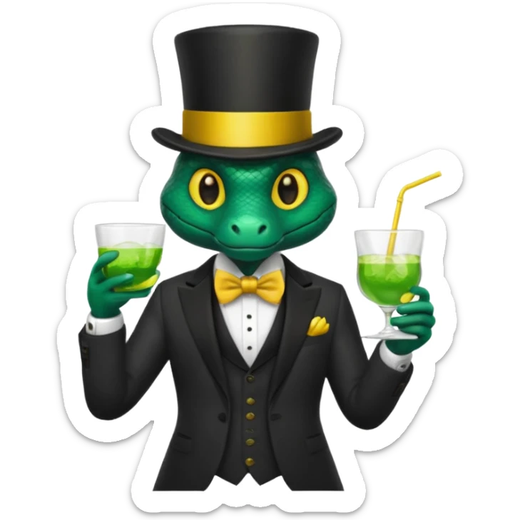 snake wearing suit, bowtie and top hat, holding a glass of green drink sticker