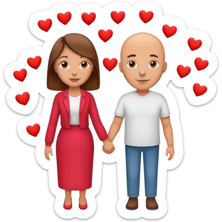 Bald Husband and long brown hair wife in love with hearts sticker