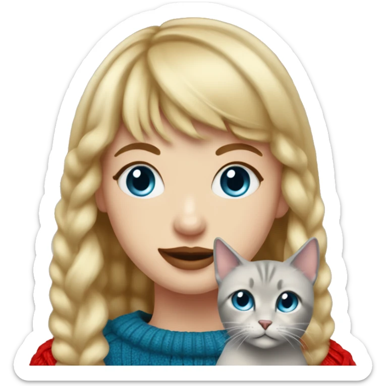 girl with blonde hair and bangs (a fringe) with blue eyes, long eyelashes and red lipstick in a red cable knit sweater holding a grey cat sticker