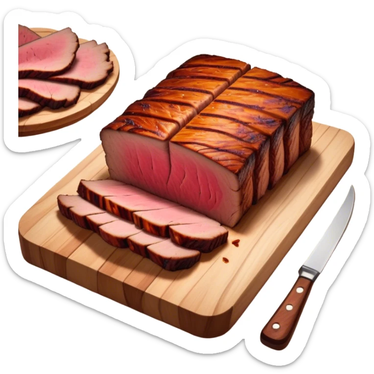 Cinematic smoked brisket, deep mahogany crust, perfectly sliced to reveal juicy marbled meat, warm smoky aroma, served on a wooden board, rich and flavorful, ultra-detailed and appetizing. sticker