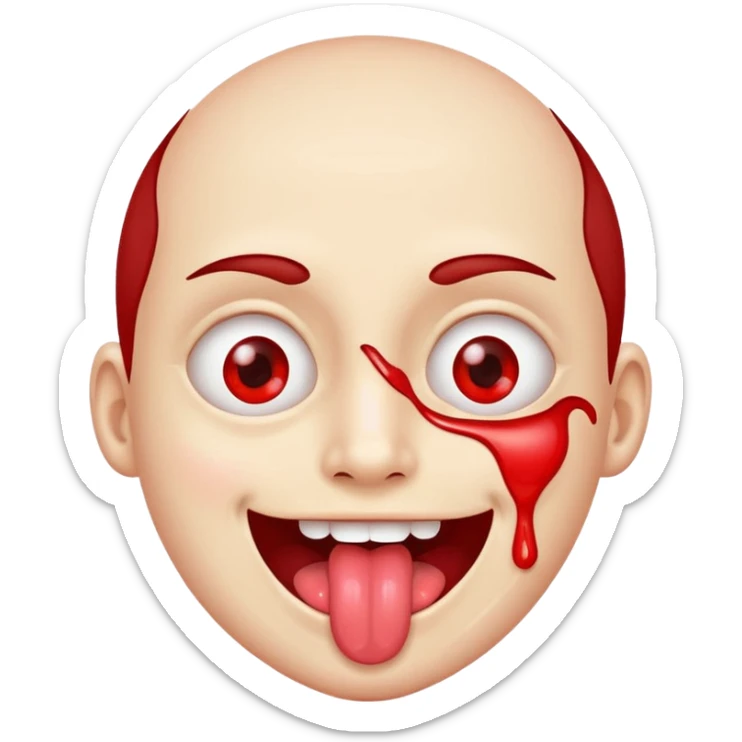 Spilt glue on their face but is happy and smiling with their tongue out but their eyes are red sticker