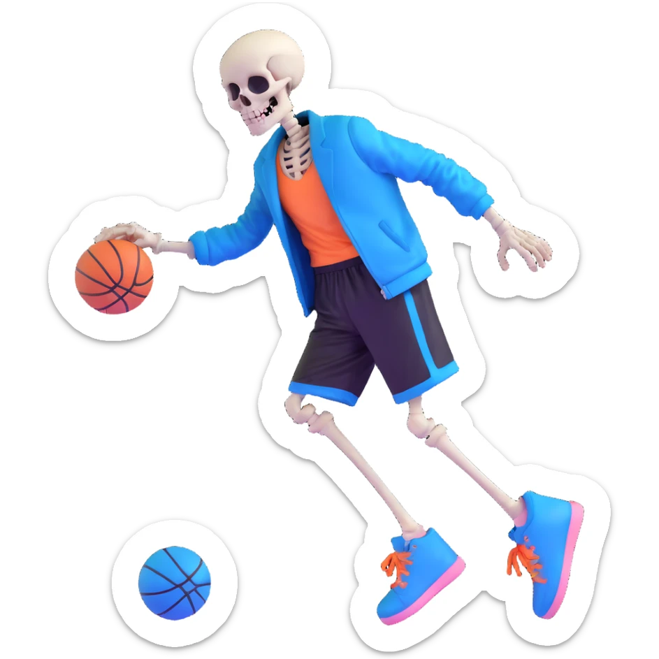 short skeleton with blue jacket, black basketball shorts, light pink slippers, blue glowing left eye sticker
