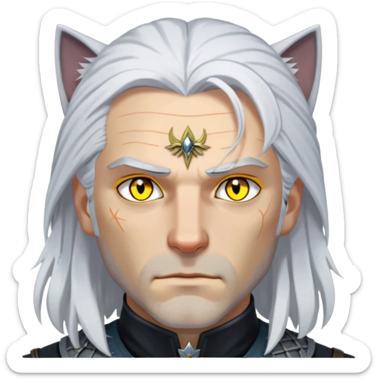 Geralt of Rivia with white hair, yellow cat eyes, and witcher medallion sticker