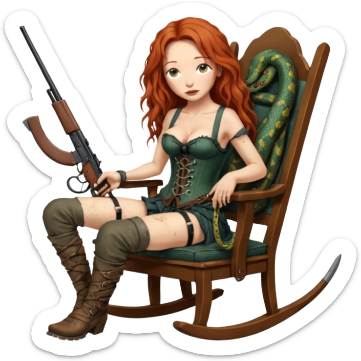 cinematic realistic ultra HD very old and tired Tori Amos casually crouches on a rocking chair in a torn corset, holding a double-barreled rifle and with muddy feet. a big snake wrapped itself around the chair sticker