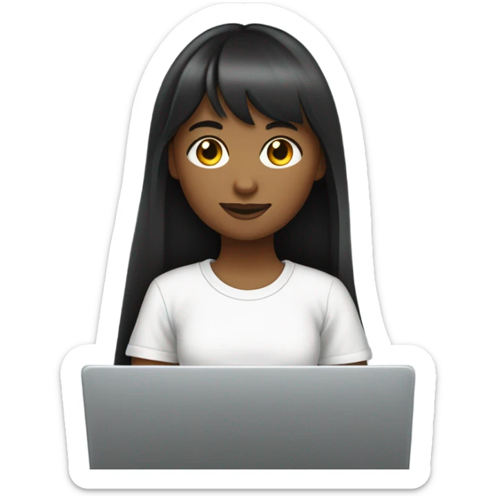 girl with long dark straight hair and bangs, fair skin, working with a laptop (she is a marketer). wearing a white oversized t-shirt sticker