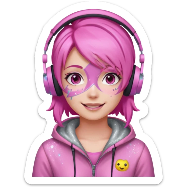 glitter pink gamer girl happy pink hair sticker