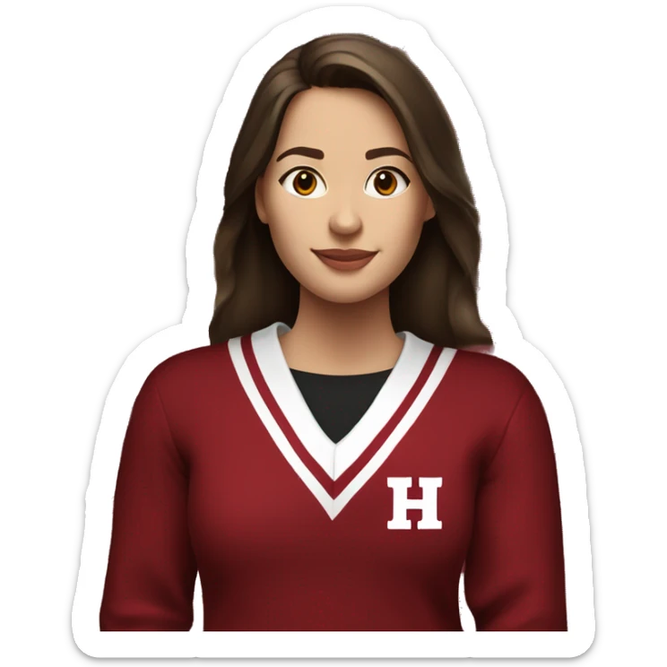 A brunette girl wearing a crimson and white sweater with the  black crimson and white Harvard university logo on it sticker