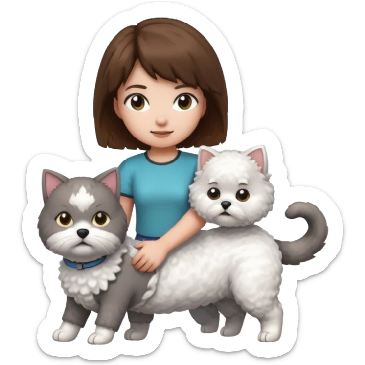 A grey cat standing on the back of a white bichon frisør dog, with a girl with short brown hair sitting beside playing Minecraft sticker