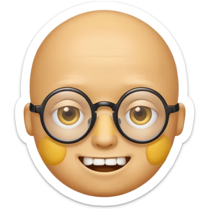 Créer un emoji nerd le perso doit être une tête basique d'emoji jaune tête ronde sans cheveux 🤓 avec une grosse paire de lunettes rectangulaires noires 3 petits boutons d'acné sur chaque joue et une dent qui dépasse  sticker
