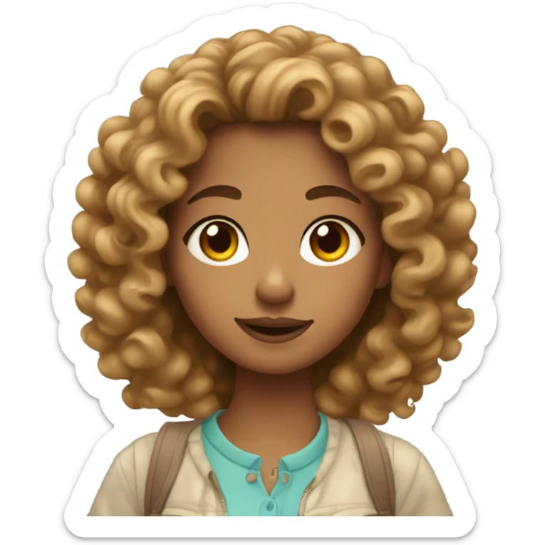 Girl with tan skin and curly hair taking a selfie sticker