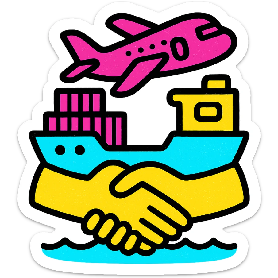 A bright and cheerful icon of a cargo ship and airplane symbolizing global partnership sticker