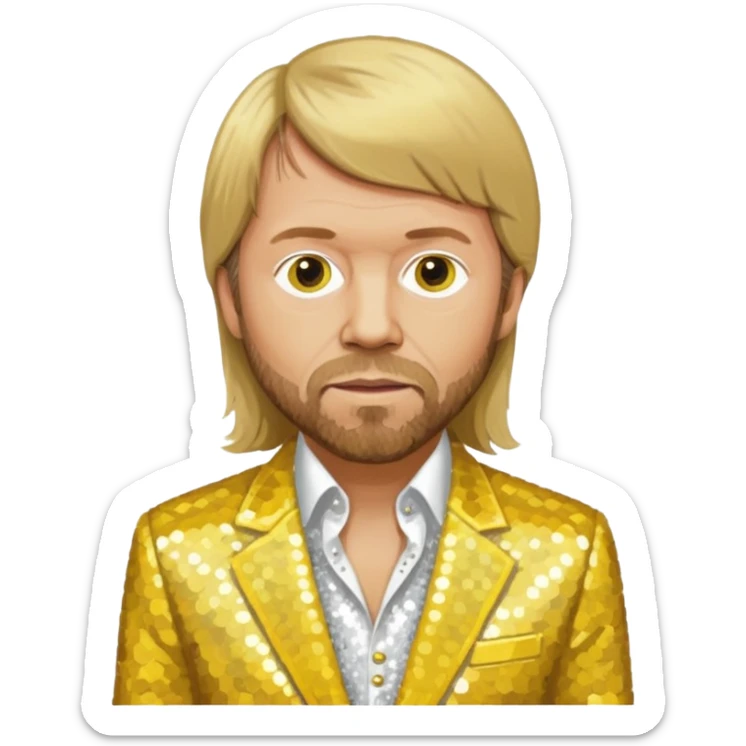 Björn Ulvaeus from ABBA with long dark blonde hair, yellow sequin shirt, white sequin suit jacket sticker