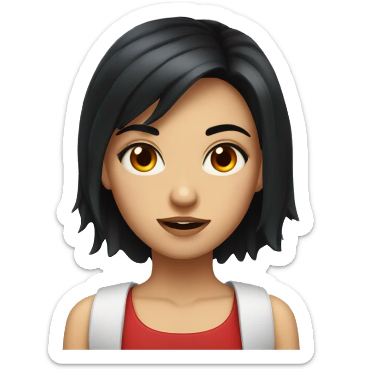 a girl with black hair and red eyes with wavey hair and mad sticker