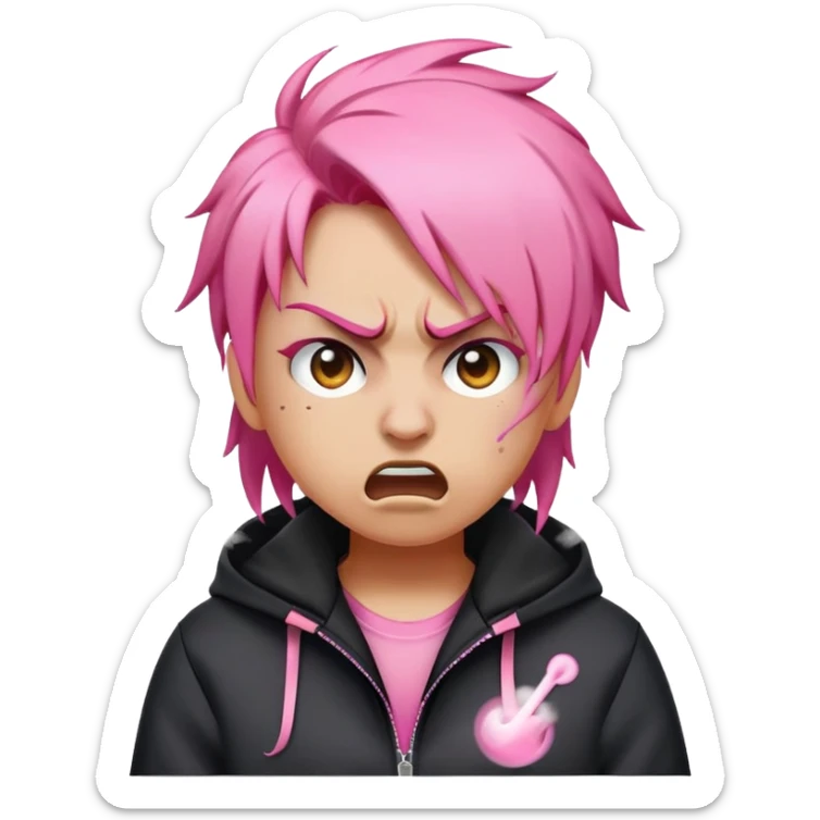 angry emoji with steam coming out of nose, pink hair, wearing black Nike jacket, wheatish skin tone sticker