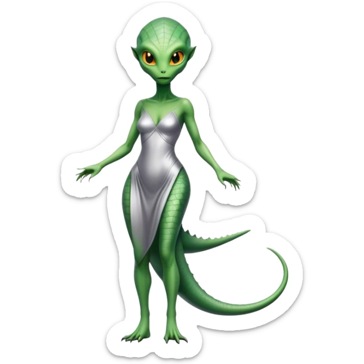Green Alien reptilian woman without a tail, in silver dress, full figure, yellow eyes sticker