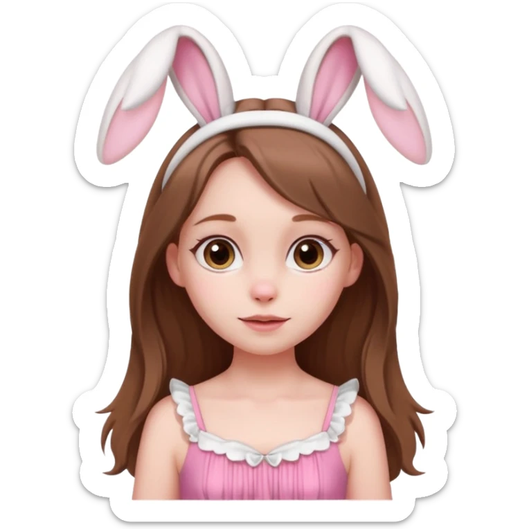 Create an emoji of a pretty pale-skinned girl with long brown hair wearing a pink dress and wearing white bunny ears  sticker