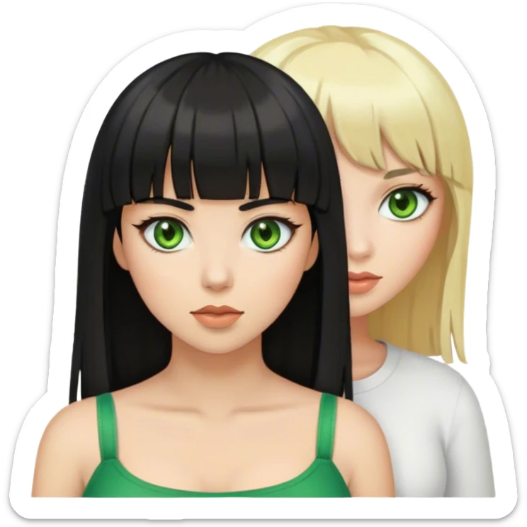 Black Hair woman with bangs and brown eyes with blonde hair woman with green eyes both white skin sticker