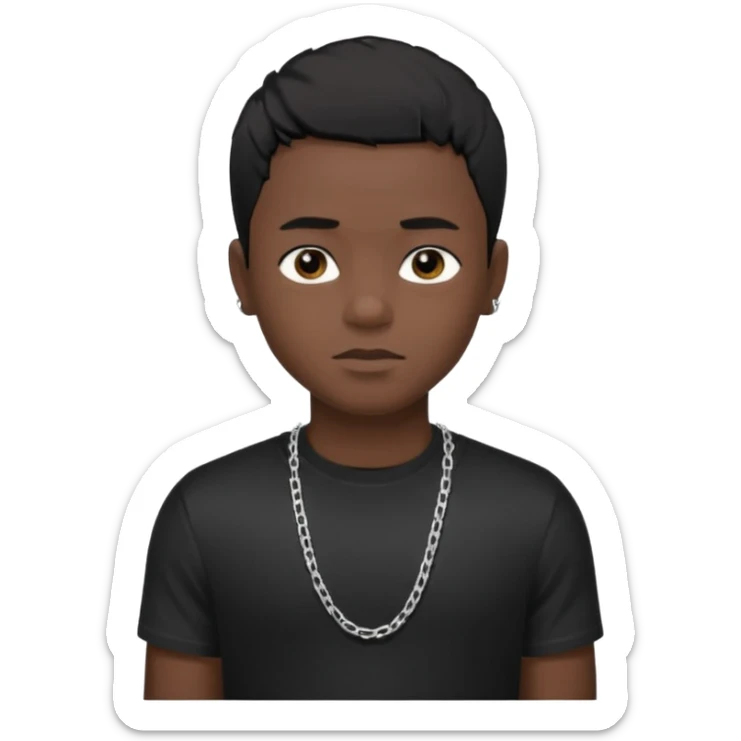 Generate a emoji of a black boy with dark skin, wearing a black compressed T-shirt, with short 4C black hair and make him wearing a silver chain, and make the chain thin sticker