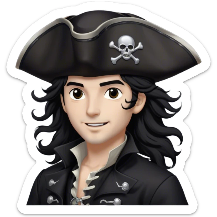 A charismatic pirate with wavy black hair tousled by the breeze. His silver-embroidered tricorn hat casts a shadow. Dark eyes glint with mischief as he looks to the side, a knowing smile on his lips. His black coat, adorned with silver buttons, shifts with the wind sticker