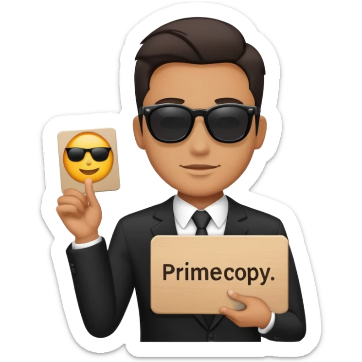 A man in a black suit and black sunglasses holds a sign that says PrimeCopy sticker