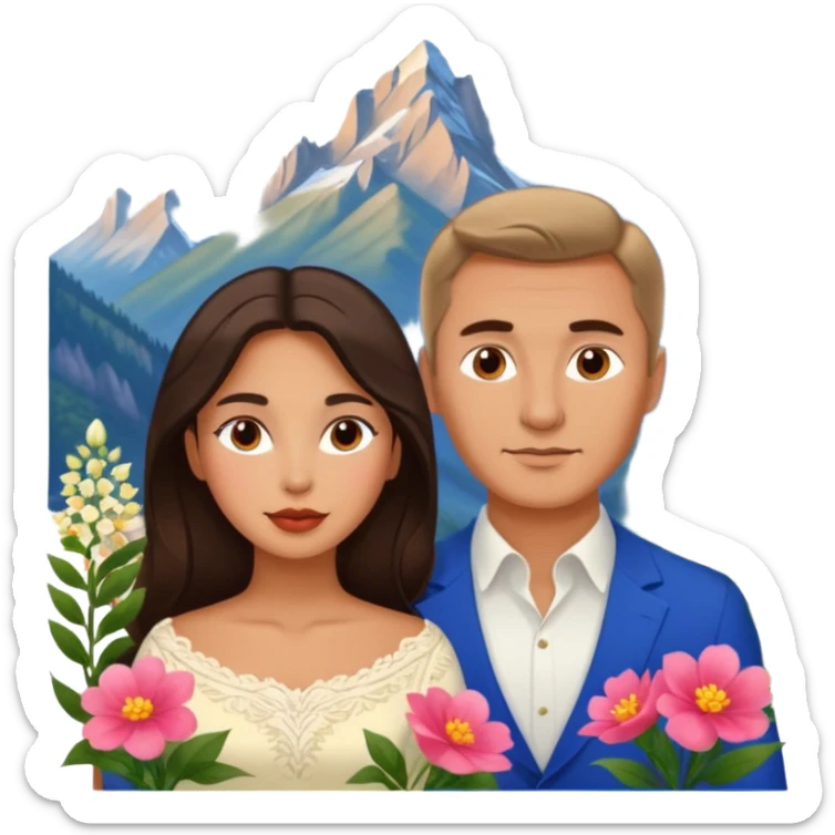 Couple traveling in Montenegro russian man and elegant  Latina girl delicate flowers and mountains in the background  sticker