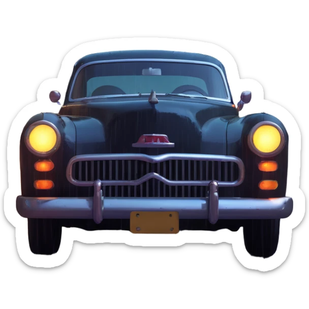 vintage car headlights illuminating rain-slicked urban street at night sticker