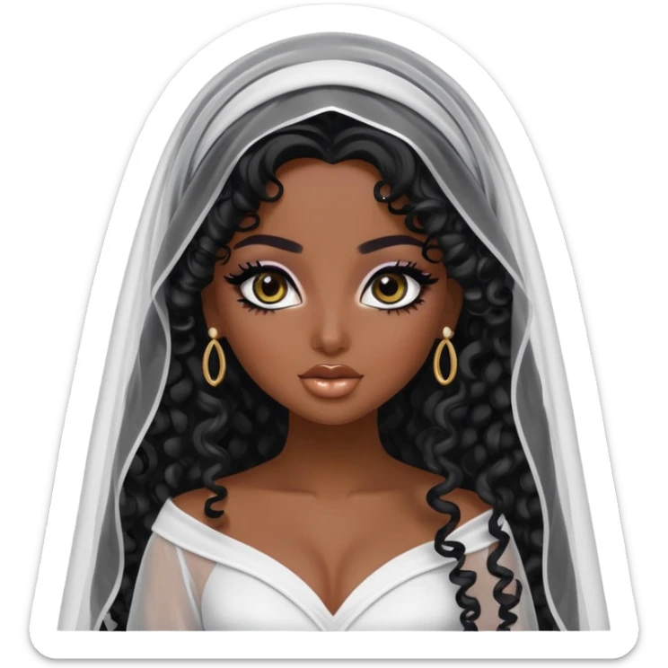 Saudi beauty, pretty bratz baddie, black eyeliner, long curly hair, veil, khaliji fashion sticker