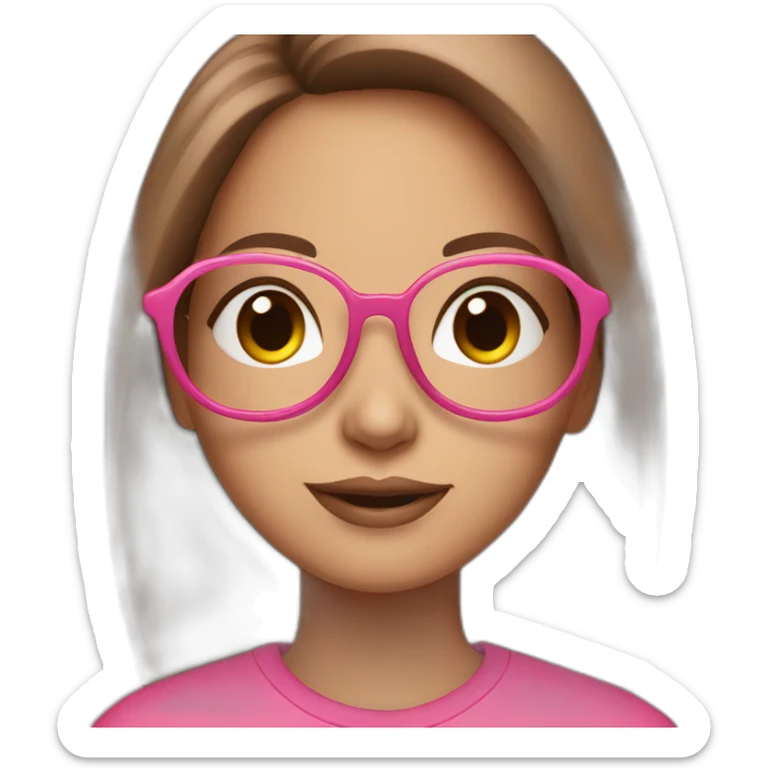 Graphic designer girl with long brown hair in pink glasses wearing pink sweatshirt with text NV Designe on it sticker