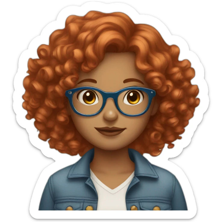 pretty girl with curly copper hair and blue glasses holding a big banner sticker