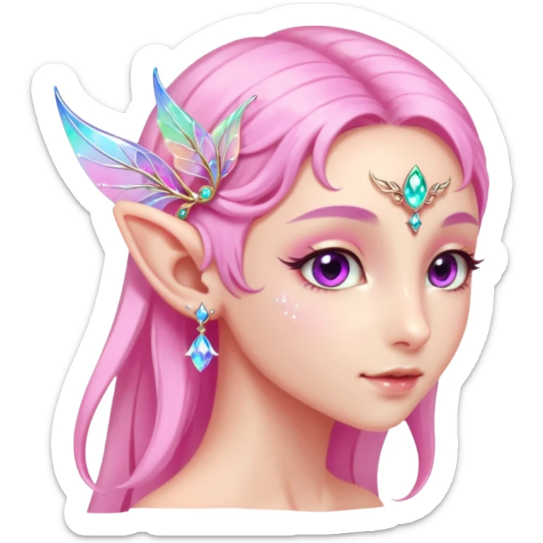 portrait of pink Elvish fae shiny sparkly iridescent translucent diaphanous ear climber ear cuff sticker