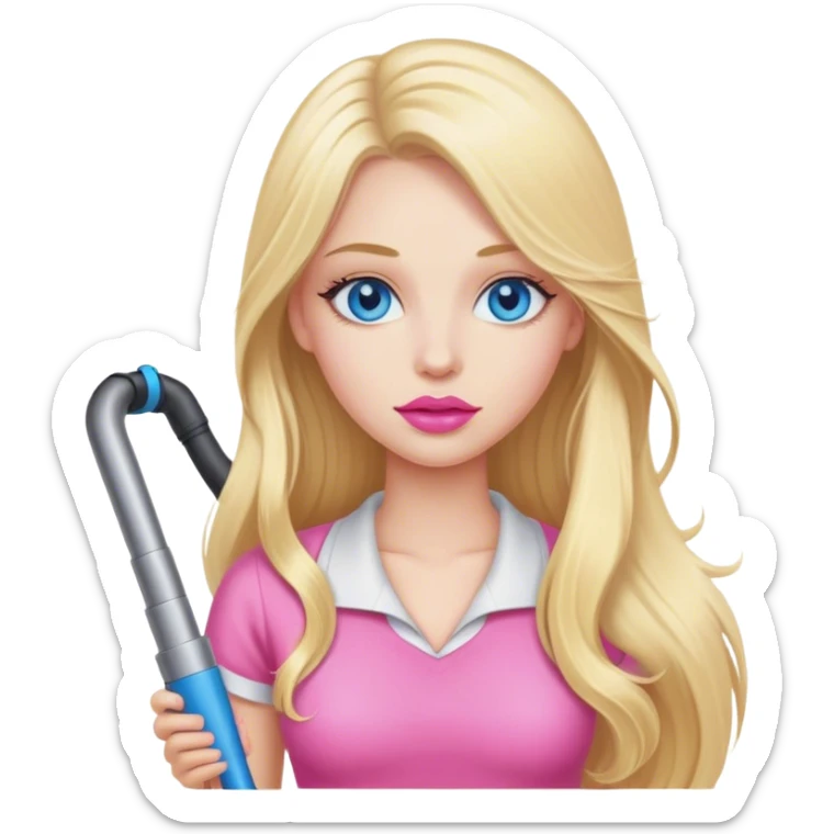 Cinematic realistic blonde with long hair, blue eyes and pink lips vacuums sticker