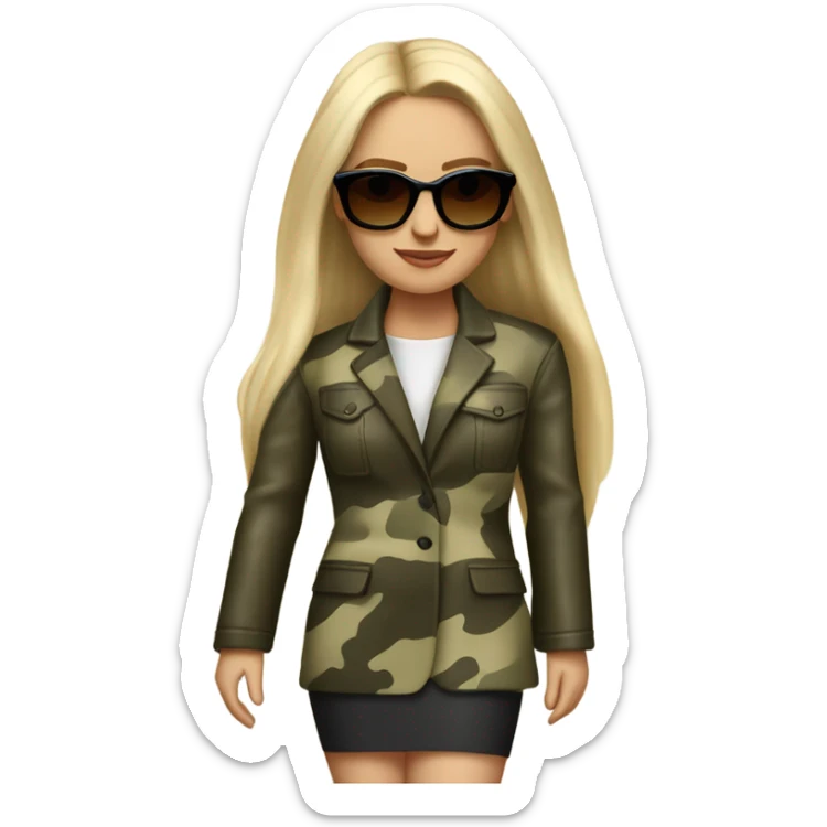 Realistic White woman with Long straight blonde hair and round sunglasses, camouflage Wool oversize blazer, mini skirt and Brown heeled leather boots  sticker