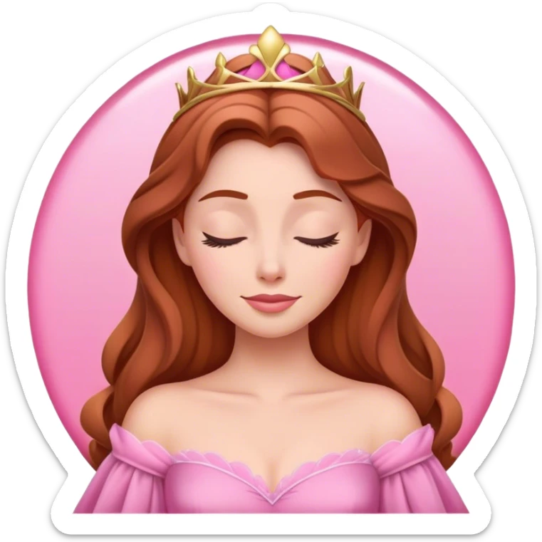 Cinematic Radiant Sleeping Beauty Portrait Emoji, rendered in a realistic, vector style with clean proportions. Show Aurora with a gentle smile, porcelain skin, and beautifully styled auburn hair, wearing her classic pink gown. The image glows with a soft, inviting radiance and high shine, accentuated by a soft glowing outline that enhances her graceful charm. sticker