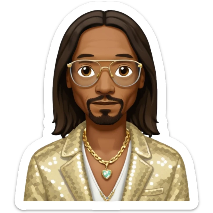 Snoop Dogg with long dark brown hair, ivory sequin jacket, black shirt with necklace sticker