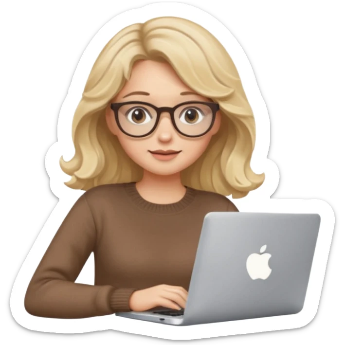 iOS style emoji, upper body view: blonde girl with dark blonde wavy hair, wearing pantos-style glasses and a brown sweater, sitting with a laptop, flat vector design, soft pastel colors, white background, Apple emoji style, upper body shot sticker