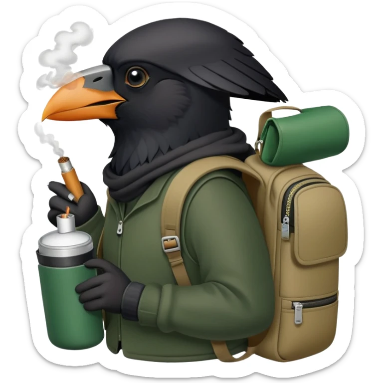 a realistic crow smoking from an iqos and carrying a dark green to khaki backpack on his back sticker