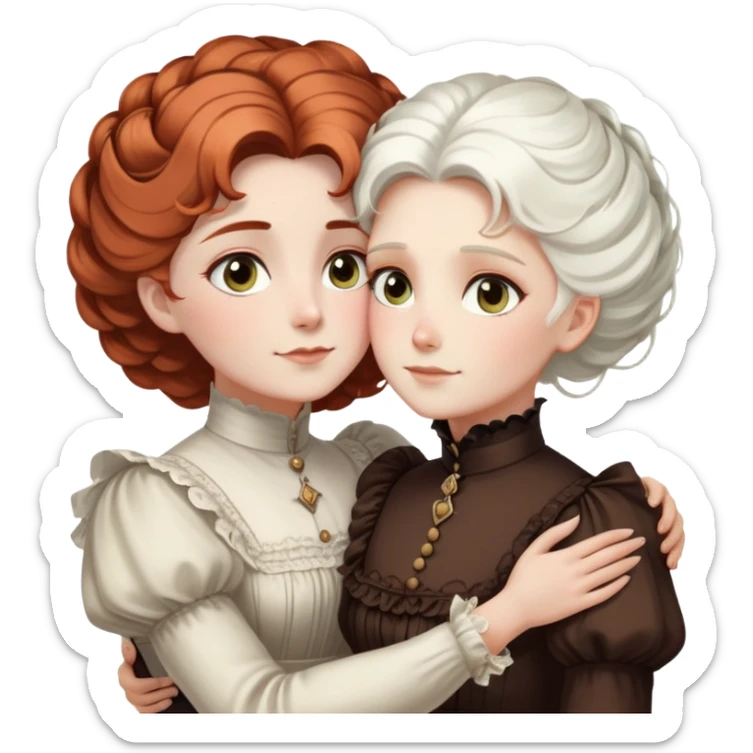 Two Victorian women embracing in a close hug, one with bright white coiffed hair and one with dark copper coiffed hair, both with light eyes, wearing Victorian high-neck dresses sticker