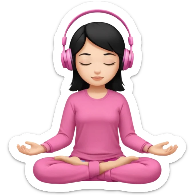 Chica de pelo negros con los ojos cerrados escuchando musica en audifonos y con camisa rosa mientras medita sticker