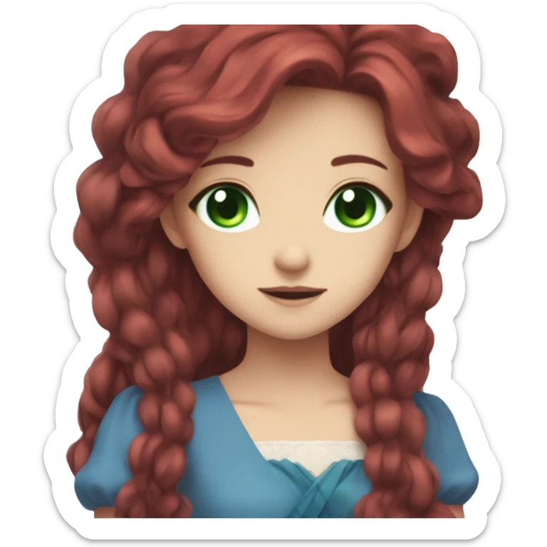 A anime girl with long dark red hair and green eyes wearing a blue dress sticker