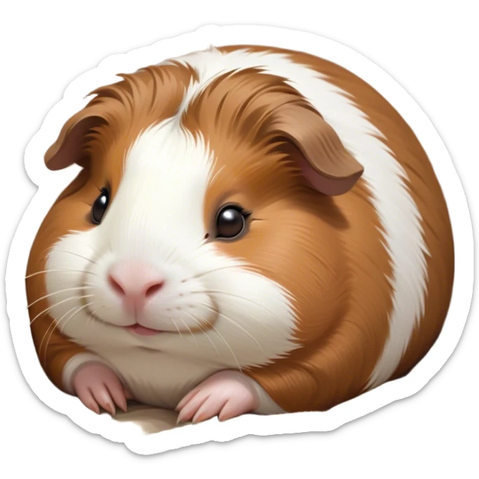 Meme-Worthy Cute Sleeping Brown and White Banded Guinea Pig Portrait Emoji, Head resting peacefully with a contented smile, showcasing a delightfully chubby build and a luxuriously soft banded coat of brown and white, eyes shut in a serene, cozy nap, Simplified yet hilariously adorable features, highly detailed, glowing with a soft, drowsy light, high shine, relaxed and utterly lovable, stylized with an air of playful laziness, bright and heartwarming, soft glowing outline, capturing the essence of a comically sleepy guinea pig, so meme-worthy it feels like it could instantly become the next viral sensation of adorable slumber! sticker
