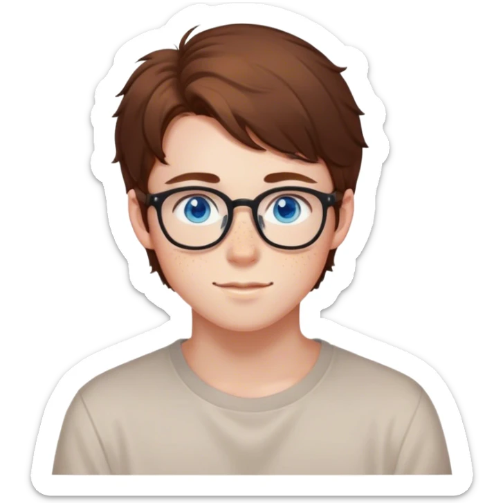 18 year old, brown hair, blue eyes, freckles, cute handsome, medium hair. a bit nerdy, perfect for github profile pics sticker