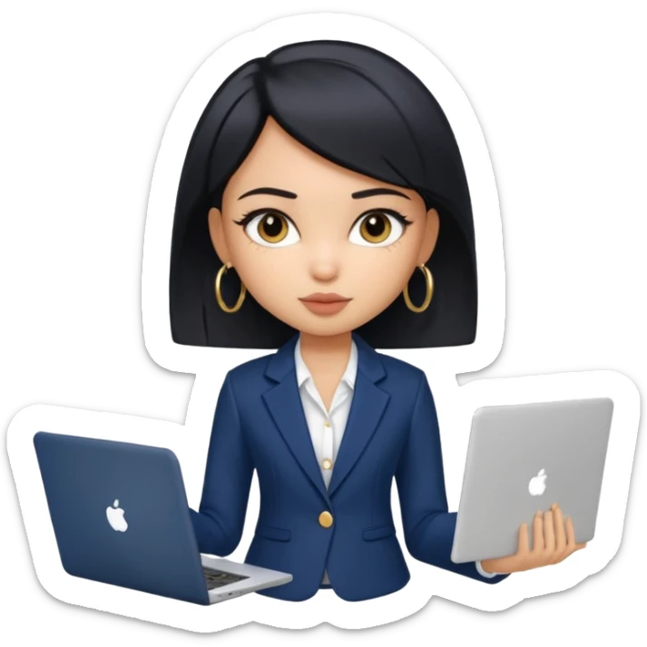 a pretty bratz girl with straight black short hair wearing a dark blue blazer and carrying a laptop. gold small hoops sticker