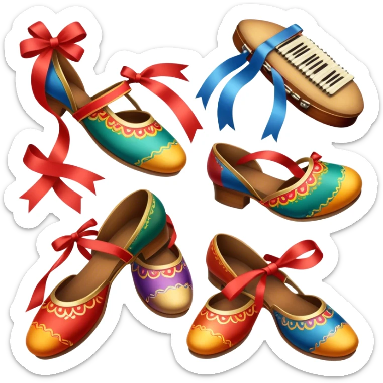 Icon for Folk Dance: close-up traditional dance shoes, colorful folk costumes, and a dance circle with ribbons and musical instruments like a tambourine or accordion. The icon should represent the vibrant and cultural aspects of folk dancing. Transparent background. sticker