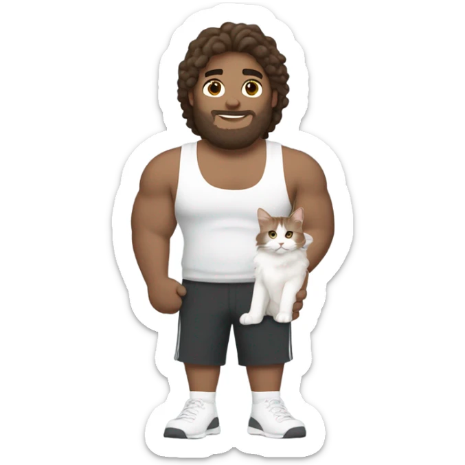 big gym guy with brown hair holding a white maine coin cat sticker