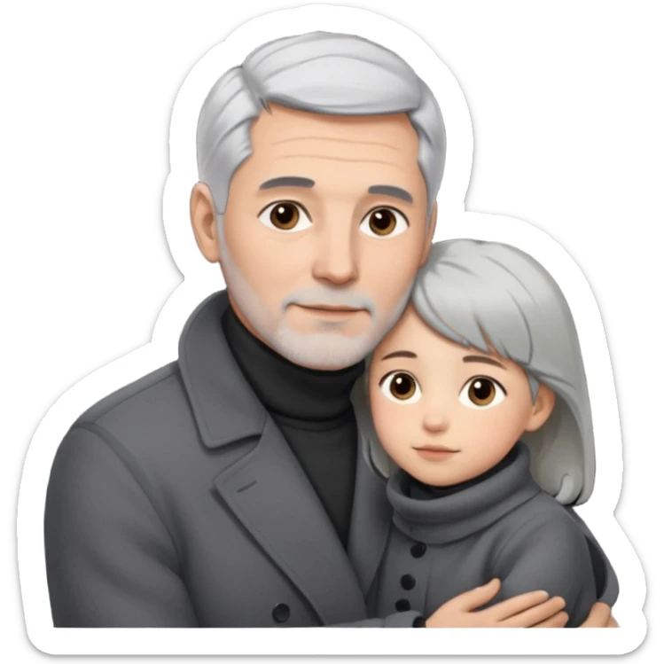 A father with silver-grey hair styled neatly and a clean-shaven face, wearing a dark turtleneck and wool coat, holding his girl child gently.  sticker