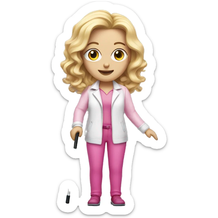 Blonde hair woman , wavy hair, white skin , pink outfit , holding a white cane for the blind sticker