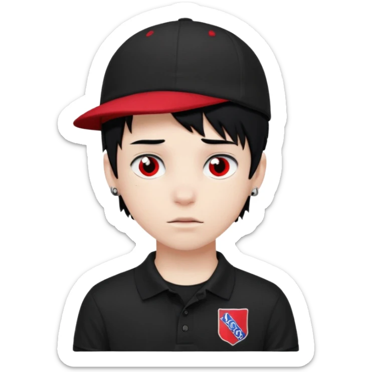 zombie boy emoji with black emo hair and piercing, black polo shirt with Lyon logo, red cap with number 9 sticker