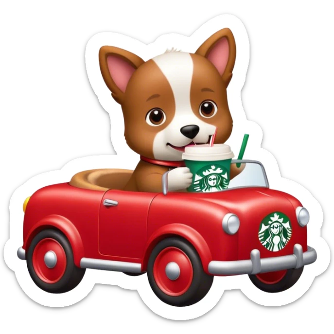 Dog riding in a baby toy car with Starbucks in its hand sticker
