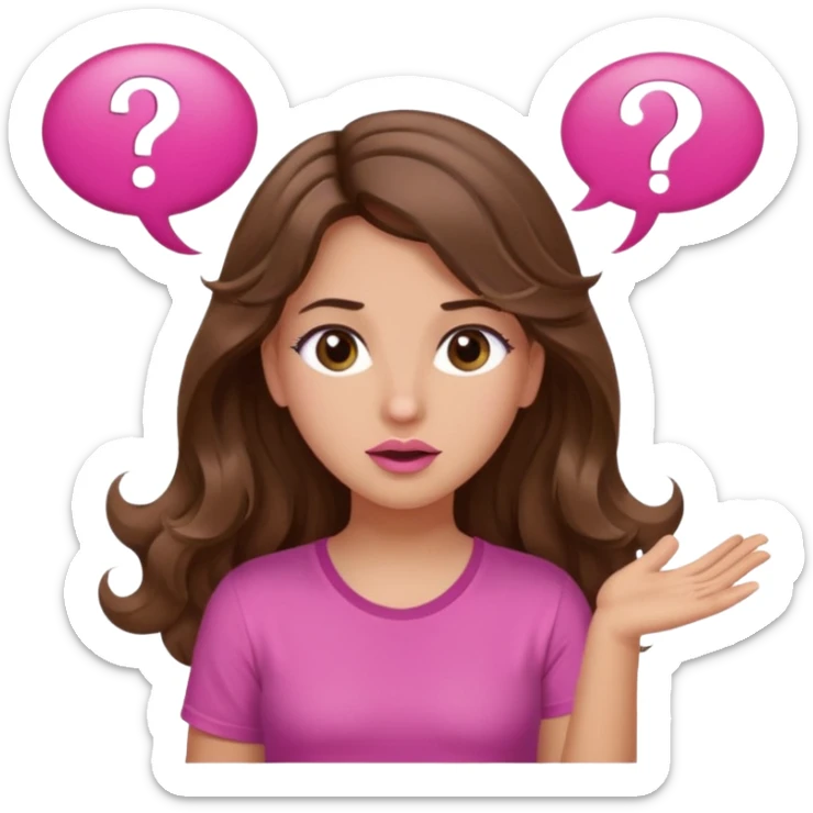 girl with long wavy brown hair, brown eyes, light to medium complexion, in a pink shirt, pink lips, long lashes, shugging, question mark one speech bubble sticker